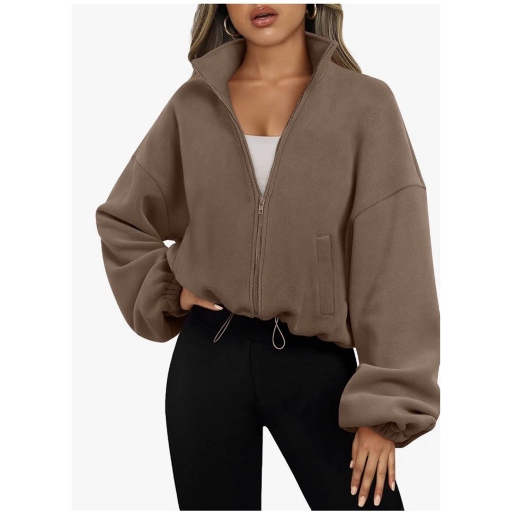 Automet Womens Fleece Full Zip Jacket Coffee Mock Neck Drop Shoulder Size Small